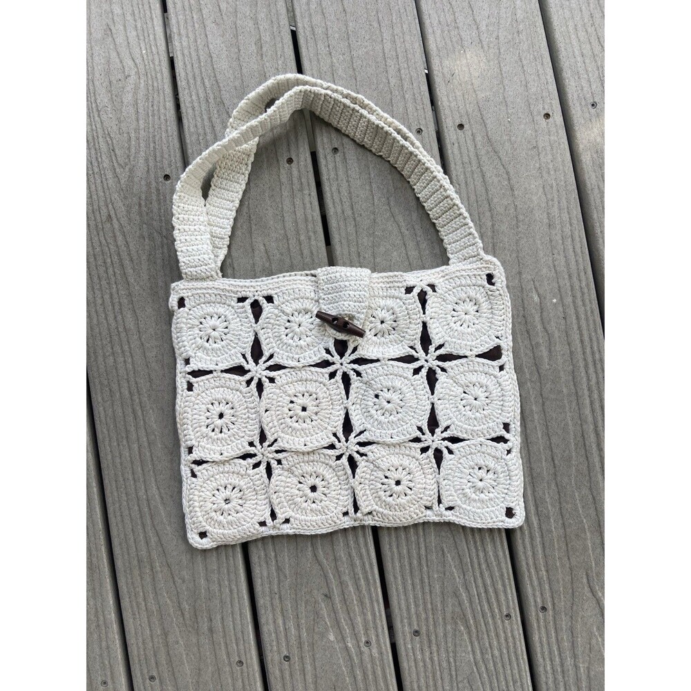 Crochet Granny Square Shoulder Bag Cream Brown Lined Boho Tote Handmade